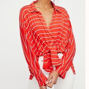 We The Free Can’t Fool Me Striped Tee Red Slouchy Knit Oversized Polo Top